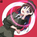  1girl artist_logo brown_hair circle commentary_request eyebrows_visible_through_hair girls_und_panzer hand_over_eye hat megumi_(girls_und_panzer) necktie open_mouth pairan purple_eyes purple_hair selection_university_military_uniform smile solo 