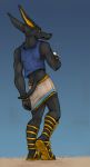  anthro anubian_jackal beverage bottomwear bracelet canid canine canis clothed clothing footwear gradient_background hi_res jackal jewelry kclt male mammal sand sandals shirt simple_background skirt solo tank_top topwear 
