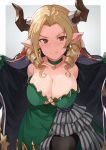  &gt;:( 1girl black_coat blush border breasts brown_eyes brown_hair choker cleavage closed_mouth coat collarbone commentary_request cowboy_shot draph dress drill_hair earrings forehead gloves granblue_fantasy green_choker green_gloves grey_background hinami_(hinatamizu) horns jewelry large_breasts layered_dress long_hair looking_at_viewer maria_theresa_(granblue_fantasy) multicolored multicolored_clothes multicolored_dress open_clothes open_coat outside_border pantyhose pointy_ears revision simple_background solo strapless strapless_dress sweat v-shaped_eyebrows white_border 