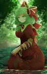  1girl arano_oki breasts commentary_request day dress forest from_side front_ponytail green_eyes green_hair hair_ribbon highres kagiyama_hina large_breasts leaf lifted_by_self long_hair looking_to_the_side maple_leaf nature outdoors partial_commentary puffy_short_sleeves puffy_sleeves red_dress ribbon short_sleeves skirt skirt_lift smile solo standing touhou very_long_hair wading water wrist_ribbon 