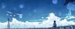  1girl amenomori_howa blue_theme blurry bokeh commentary depth_of_field grass highres jellyfish light_particles night night_sky original outdoors power_lines scenery school_uniform sign signature sitting sky solo star_(sky) twintails 