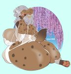  2020 anthro big_breasts big_butt breasts butt clothed clothing ear_piercing ear_ring eyelashes eyewear ezukapizumu facial_piercing female glasses hair hair_over_eye huge_breasts huge_butt hyaenid looking_back mammal nose_piercing nose_ring one_eye_obstructed pawpads piercing silver_(ezukapizumu) silver_hair solo spotted_hyena thick_thighs 