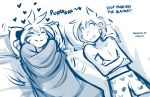  &lt;3 2020 anthro bed bedding blanket blue_and_white boxers_(clothing) clothed clothing cold conditional_dnp dialogue duo english_text eyes_closed felid female flora_(twokinds) fur furniture hi_res human humor keidran male mammal monochrome on_bed pantherine purring rolling shaking shivering sketch sleeping smile striped_body striped_fur stripes text tiger tom_fischbach topless trace_legacy twokinds under_covers underwear webcomic wrapped_up 