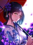  1girl bangs blue_hair blush flower gara_ayuri hair_flower hair_ornament holding holding_umbrella japanese_clothes kimono long_sleeves looking_at_viewer mole mole_under_eye nijisanji oriental_umbrella shizuka_rin short_hair smile solo umbrella virtual_youtuber yellow_eyes yukata 