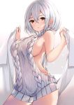  1girl azur_lane bangs bare_shoulders blush breasts commentary cowboy_shot crossed_bangs eyebrows_visible_through_hair gradient gradient_background grey_background hair_between_eyes hands_up holding large_breasts looking_at_viewer meme_attire no_bra parted_lips ry_thae short_hair sideboob sirius_(azur_lane) sleeveless_sweater solo standing starry_background sweater thighs virgin_killer_sweater white_background white_hair white_sweater 