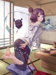  1girl absurdres artist_request ass barefoot blue_eyes blush breasts calligraphy_brush fate/grand_order fate_(series) feet hair_bun heroic_spirit_traveling_outfit highres kanagawa_okinami_ura katsushika_hokusai_(fate/grand_order) long_sleeves looking_at_viewer medium_breasts octopus paintbrush parted_lips purple_hair short_hair sketchbook soles tokitarou_(fate/grand_order) water 