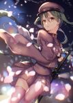  black_gloves blurry_foreground cherry_blossoms commentary falling_petals gloves green_hair hatsune_miku long_hair looking_at_viewer military military_uniform miniskirt parted_lips petals pleated_skirt purple_eyes purple_headwear purple_legwear purple_skirt purple_suit senbon-zakura_(vocaloid) sheath shiomizu_(swat) skirt sword thighhighs twintails uniform unsheathing very_long_hair vocaloid weapon wide_sleeves zettai_ryouiki 