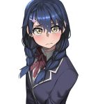  1girl 3: bangs blue_hair blush braid breasts closed_mouth collared_shirt eyebrows_visible_through_hair frown hair_between_eyes hair_ornament hairclip highres jacket jourd4n long_hair long_sleeves looking_at_viewer school_uniform shirt shokugeki_no_souma simple_background small_breasts solo tadokoro_megumi tootsuki_saryou_ryouri_gakuen_uniform twin_braids upper_body white_background white_shirt yellow_eyes 