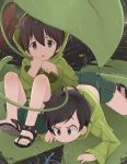  2boys all_fours arakokra artist_name brown_eyes brown_hair bug cattail child dragonfly green_shorts highres insect leaf lily_pad male_focus miniboy multiple_boys original plant pond raincoat sandals shorts sitting tareme top-down_bottom-up tsurime water 