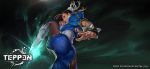  1girl black_hair boots bracelet bun_cover capcom chinese_clothes chun-li copyright copyright_name dark_background fighting_stance glowing highres jeremy_chong jewelry looking_at_viewer official_art pantyhose solo spiked_bracelet spikes street_fighter teppen white_footwear 