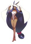  1girl animal_ears barefoot breasts closed_mouth collarbone commentary_request dark_skin earrings facial_mark fate/grand_order fate_(series) full_body highres hoop_earrings ippo jackal_ears jewelry legs long_hair medium_breasts necklace nitocris_(fate/grand_order) nitocris_(swimsuit_assassin)_(fate) one-piece_swimsuit purple_eyes purple_hair simple_background smile solo standing swimsuit very_long_hair white_swimsuit 
