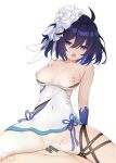  1boy 1girl :o bar_censor black_hair blue_eyes blue_gloves breasts breasts_outside censored clothed_sex covered_navel cowgirl_position cum cum_in_pussy flower girl_on_top gloves hair_flower hair_ornament hair_ribbon hetero honkai_(series) honkai_impact_3rd medium_breasts mixing_tiantang nipples open_mouth overflow pussy raised_eyebrows ribbon seele_vollerei sex shirt_pull short_hair simple_background spread_legs straddling vaginal white_background white_ribbon 
