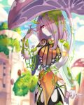  1girl absurdres blurry blurry_background bracelet city closed_mouth english_commentary giant_mushroom hair_over_one_eye hand_up highres holding holding_mushroom jewelry little_witch_academia moss mushroom pale_skin plant red_eyes solarpunk solo standing sucy_manbavaran vines yaya_chan 