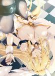  1girl ahoge animal_ears artoria_pendragon_(all) artoria_pendragon_(swimsuit_ruler)_(fate) bangs bare_shoulders blonde_hair blue_legwear blue_neckwear braid breasts bunny_ears bunnysuit cleavage detached_collar fate/grand_order fate_(series) french_braid green_eyes hair_between_eyes highres large_breasts leotard long_hair looking_at_viewer lying navel navel_cutout necktie nogi_(acclima) on_back open_mouth ponytail sidelocks tiara white_leotard wrist_cuffs 