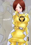  1girl abare_yellow abe_tsukumo bakuryuu_sentai_abaranger belt bodysuit breasts brown_hair gloves headwear_removed highres looking_at_viewer no_headwear no_helmet short_hair skirt solo super_sentai tokusatsu 