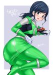  1girl abe_tsukumo ass bodysuit breasts chameleon_green gloves hammie_(uchuu_sentai_kyuuranger) highres looking_at_viewer open_mouth pantyhose skin_tight skirt smile solo star_(symbol) super_sentai tokusatsu uchuu_sentai_kyuuranger 