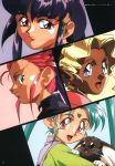  1990s_(style) 4girls animal aqua_hair blonde_hair blue_eyes dark_skin earrings facial_mark fang forehead_mark green_eyes hakubi_washuu headpiece highres holding holding_animal jewelry kuramitsu_mihoshi long_hair masaki_aeka_jurai masaki_sasami_jurai multiple_girls official_art open_mouth page_number panels pink_hair pointy_ears profile purple_hair red_eyes ryou-ouki scan stud_earrings tenchi_muyou! 