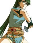  1girl bangs blue_tunic cowboy_shot delsaber earrings fire_emblem fire_emblem:_the_blazing_blade green_eyes green_hair hair_between_eyes high_ponytail holding holding_sheath holding_sword holding_weapon jewelry long_hair lyn_(fire_emblem) sheath shiny shiny_hair short_sleeves side_slit simple_background solo stance standing sword unsheathing very_long_hair weapon white_background 
