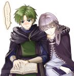  ... 1boy 1girl black_coat blush book closed_eyes closed_mouth coat couple delsaber dress fire_emblem fire_emblem:_the_binding_blade green_eyes green_hair grey_dress hair_intakes hair_over_shoulder long_hair long_sleeves open_book parted_lips raigh_(fire_emblem) reading shiny shiny_hair silver_hair simple_background sitting sleeping sleeping_on_person sleeping_upright sophia_(fire_emblem) sweatdrop thought_bubble white_background 