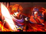  1boy 1girl absurdres blue_cape blue_eyes blue_hair blue_headband breastplate bruise_on_face cape capelet closed_mouth delsaber fire fire_emblem fire_emblem:_the_binding_blade floating_hair hair_tubes headband highres holding holding_sword holding_weapon indoors lilina_(fire_emblem) long_hair open_mouth orange_hair red_capelet red_shirt roy_(fire_emblem) shiny shiny_hair shirt short_sleeves shoulder_armor spaulders standing sword upper_body weapon 