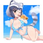  1girl ;) animal_ears arm_support bangs bare_arms bare_legs bare_shoulders barefoot bikini black_hair border breasts brown_eyes bubble_tea chibi cleavage closed_mouth collarbone common_raccoon_(kemono_friends) cup day disposable_cup drink drinking drinking_straw drinking_straw_in_mouth extra_ears eyebrows_visible_through_hair front-tie_bikini front-tie_top grey_hair hair_between_eyes halterneck hand_up highres holding holding_cup immanuel_kant04 kemono_friends leaning_to_the_side medium_hair multicolored_hair navel ocean one_eye_closed outdoors outstretched_arm polka_dot polka_dot_bikini raccoon_ears raccoon_tail side-tie_bikini side-tie_bottom sidelocks sitting smile solo stomach strap_gap swimsuit tail toes water white_hair 
