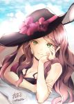  1girl atoatto breasts brown_hair cleavage closed_mouth dorothea_arnault earrings fire_emblem fire_emblem:_three_houses fire_emblem_heroes flower green_eyes hat hat_flower jewelry long_hair lying on_stomach signature smile solo swimsuit 