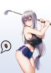  1girl arknights bangs bare_arms bare_shoulders bishi_(bishi) black_tank_top blue_shorts blush breasts chinese_commentary cleavage commentary_request cowboy_shot crop_top dolphin_shorts eyebrows_visible_through_hair golf_club gradient gradient_background grey_background hair_between_eyes highres holding holding_golf_club large_breasts long_hair low-tied_long_hair midriff navel no_hat no_headwear partial_commentary red_eyes short_shorts shorts silver_hair skadi_(arknights) solo standing tank_top thighs very_long_hair white_background 