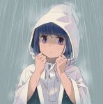  1girl bangs blue_hair closed_mouth commentary_request drawstring eyebrows_visible_through_hair highres hood hood_up long_sleeves looking_at_viewer minawa outdoors purple_eyes rain raincoat shaded_face shima_rin short_hair solo upper_body water water_drop wide_sleeves yurucamp 