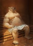  2020 anthro balls barely_visible_balls barely_visible_genitalia belly bulge genitals inside male mammal moobs overweight overweight_male racoonwolf sitting solo towel ursid 