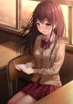  1girl :d blush bow bowtie brown_cardigan brown_hair cardigan chair commentary_request crying crying_with_eyes_open desk fang highres holding indoors karu_(qqqtyann) long_hair long_sleeves miniskirt open_mouth original pleated_skirt purple_bow purple_neckwear purple_skirt reading red_eyes school_chair school_desk school_uniform sitting skin_fang skirt smile solo striped striped_bow striped_neckwear tears window wing_collar 
