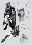  anthro arknights bandolier belt black_body black_fur clothing collar english_text facial_piercing frown fur gloves grey_body grey_fur handwear hi_res hyaenid male mammal piercing reading_book riot_shield rovak solo spot_(arknights) spotted_hyena text video_games 