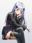  1girl bangs black_legwear black_skirt blush closed_mouth crossed_legs eyebrows_behind_hair facial_mark feet_out_of_frame german_flag girls_frontline gloves green_eyes grey_background hair_ornament hand_up hk416_(girls_frontline) jacket long_hair long_sleeves looking_at_viewer pleated_skirt purple_jacket silence_girl silver_hair simple_background sitting skirt solo thighhighs very_long_hair white_gloves 