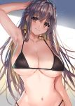  1girl arm_up armpits bare_arms bare_shoulders bikini black_bikini black_hair braid breasts brown_eyes brown_hair cleavage collarbone earrings halterneck highres jewelry large_breasts long_hair looking_at_viewer multicolored_hair navel original ran&#039;ou_(tamago_no_kimi) sidelocks smile solo stomach string_bikini swimsuit two-tone_hair upper_body 