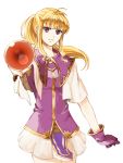  1girl antenna_hair asymmetrical_gloves bangs blonde_hair breasts capelet clarine_(fire_emblem) closed_mouth cowboy_shot delsaber dress_shirt fire_emblem fire_emblem:_the_binding_blade floating_hair gloves long_hair looking_at_viewer miniskirt pleated_skirt ponytail purple_eyes purple_gloves purple_shirt shiny shiny_hair shirt simple_background single_glove skirt small_breasts smile solo standing white_background white_capelet white_skirt 