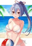  1girl bare_shoulders beach bikini bikini_day blue_sky blush border breasts cleavage cloud collarbone commentary_request day eyebrows_visible_through_hair fate/grand_order fate_(series) hair_between_eyes harimoji holding_beachball large_breasts long_hair looking_at_viewer ocean open_mouth palm_tree red_eyes side-tie_bikini silver_hair sky solo swimsuit tomoe_gozen_(fate/grand_order) tree white_bikini white_border 