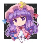  1girl artist_name bangs blue_ribbon chibi commentary_request crescent crescent_moon_pin dress eyebrows_visible_through_hair full_body grey_background hair_ribbon hand_up hat hat_ornament heart heart_background long_hair long_sleeves looking_at_viewer mob_cap noai_nioshi parted_lips patchouli_knowledge pink_dress pink_headwear purple_eyes purple_hair red_ribbon ribbon sleeves_past_wrists solo star_(symbol) star_hat_ornament striped thighhighs touhou two-tone_background vertical-striped_dress vertical_stripes very_long_hair white_background white_legwear wide_sleeves 