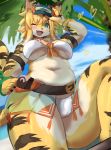  &lt;3 anthro beach blush breasts brown_stripes clothing eyewear felid female fur genital_outline goggles hi_res mammal nukochi palm_tree pantherine seaside solo stripes teal_eyes tiger tool_belt tree under_boob white_body white_fur yellow_body 