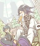  2boys ahoge black_hair blush chair checkered checkered_scarf closed_eyes danganronpa eyebrows_visible_through_hair food male_focus multiple_boys new_danganronpa_v3 ouma_kokichi pants purple_hair saihara_shuuichi scarf sitting straitjacket ticktack_chicken tree white_pants 