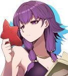  1girl book breasts cleavage closed_mouth fire_emblem fire_emblem:_the_sacred_stones fire_emblem_heroes highres holding lute_(fire_emblem) nakabayashi_zun open_book purple_eyes purple_hair solo starfish upper_body 