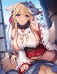  1boy 1girl animal_ear_fluff animal_ears bangs bare_shoulders black_panties blonde_hair blue_eyes blush breasts detached_sleeves exe_(xe) fox_ears fox_girl fox_mask fox_tail fusuma girl_on_top hair_intakes hair_ornament hakama_skirt handjob_gesture hetero japanese_clothes large_breasts long_hair looking_at_viewer mask mask_on_head nipple_slip nipples obi open_mouth original panties sash scarf see-through_silhouette sliding_doors solo_focus sweat tail tassel thighhighs tree underwear wet wet_clothes white_legwear wide_sleeves 