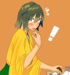  ! 1girl bangs blew_andwhite blush brown_hair eyebrows_visible_through_hair food food_on_face green_eyes green_hakama hair_between_eyes hakama highres hiryuu_(kantai_collection) japanese_clothes kantai_collection kimono looking_at_viewer open_mouth orange_background rice rice_on_face short_hair simple_background solo wide_sleeves 