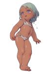  1girl barefoot bikini child feral_lemma flat_chest full_body green_hair highres looking_away looking_to_the_side navel open_mouth original purple_eyes short_hair simple_background solo standing sweat swimsuit tan white_background white_bikini 