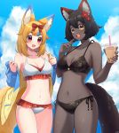  2girls :d absurdres animal_ear_fluff animal_ears bangs bare_shoulders bikini black_bikini black_hair black_ribbon blue_hair blue_sky blunt_bangs blush bow breasts character_request cleavage cloud collarbone commentary_request copyright_request cowboy_shot dark_skin day eyebrows_visible_through_hair flower fox_ears fox_girl fox_tail frilled_bikini frills hair_bow hair_flower hair_ornament highres jacket long_hair long_sleeves medium_breasts multicolored_hair multiple_girls navel off_shoulder open_clothes open_jacket open_mouth outdoors red_bow red_eyes red_flower ribbon round_teeth sakura_chiyo_(konachi000) short_hair side-tie_bikini sky smile stomach streaked_hair swimsuit tail teeth thick_eyebrows thighs two-tone_hair undressing upper_teeth very_dark_skin virtual_youtuber white_bikini yamano_kayo yellow_eyes 
