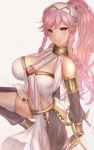  1girl braid breasts cleavage closed_mouth dancer fire_emblem fire_emblem_awakening hairband highres large_breasts long_hair olivia_(fire_emblem) pink_eyes pink_hair ponytail shounen_(hogehoge) simple_background smile solo twin_braids 