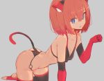  1girl all_fours animal_ear_fluff animal_ears bad_id bad_twitter_id bangs bikini black_bikini black_legwear blue_eyes bob_cut breasts cat_ears cat_girl cat_tail cleavage commentary elbow_gloves fang gloves grey_background highres light_frown looking_at_viewer medium_breasts o-ring o-ring_bikini open_mouth orange_hair original paw_pose red_gloves short_hair simple_background skin_fang solo string_bikini swimsuit tail tan thighhighs 