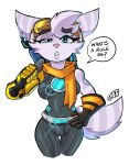  2020 anthro blue_eyes breasts clothed clothing crusaderjoe dialogue ear_piercing ear_ring english_text eyewear female fur gloves goggles goggles_on_head hammer hand_on_hip handwear hi_res lombax mammal mechanical_arm piercing prosthetic prosthetic_arm prosthetic_limb ratchet_and_clank rift_apart_lombax scarf simple_background solo speech_bubble stripes text tools video_games white_background 