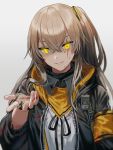  1girl bangs black_gloves black_jacket black_ribbon blood blood_on_face bloody_clothes brown_hair dress_shirt eyebrows_behind_hair fingerless_gloves girls_frontline gloves glowing glowing_eyes grey_background hair_between_eyes hair_ornament hand_up jacket long_hair long_sleeves looking_at_viewer neck_ribbon one_side_up open_clothes open_jacket parted_lips ribbon scar scar_across_eye shirt silence_girl simple_background smile solo ump45_(girls_frontline) upper_body very_long_hair white_shirt yellow_eyes 