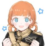  1girl 504723f :d annette_fantine_dominic bangs blue_eyes blunt_bangs blush eyebrows_visible_through_hair fire_emblem fire_emblem:_three_houses gloves highres looking_at_viewer open_mouth orange_hair portrait shiny shiny_hair short_hair signature simple_background sketch smile solo tied_hair white_background white_gloves 