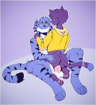  anal anthro balls blue_body blue_fur butt clothing domestic_cat duo felid feline felis fur gart gartie genitals hi_res male male/male mammal pantherine pawpads paws penis purple_body purple_fur stripes tiger topwear 