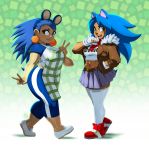  2020 alternate_species animal_crossing apron biped black_eyes blue_hair bottomwear clothing crossgender duo ear_piercing eulipotyphlan female fingerless_gloves footwear gesture gloves green_eyes hair hand_in_pocket handwear hedgehog hi_res humanoid humanoidized jacket legwear mabel_able mammal midriff mtf_crossgender nintendo open_mouth pants pattern_background piercing pockets shirt shoes simple_background skirt sonic_the_hedgehog sonic_the_hedgehog_(series) standing thick_thighs topwear toviorogers v_sign video_games white_clothing white_legwear 